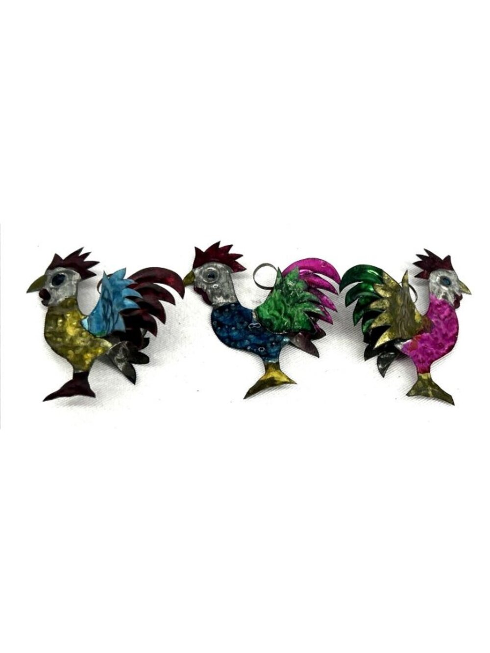 Punched Tin Roosters Chickens Christmas Ornaments Folk Art 2.75" Lot of 3 Mexico